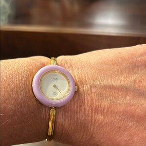 Gucci Gold and Pink Bangle Watch with Pearlescent Face